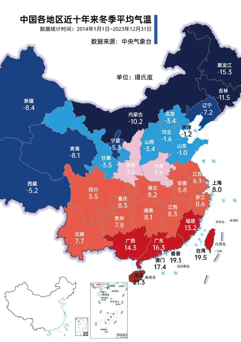 各省市冬季平均气温分布图
